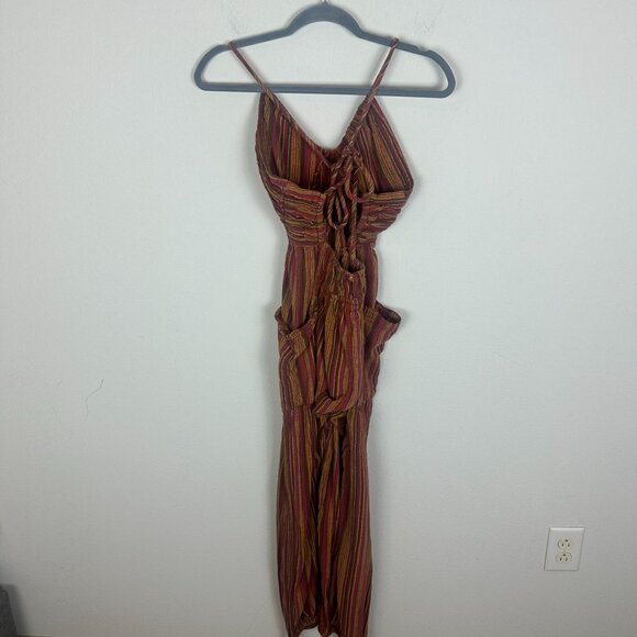 Free People Sundaze For Surfin' Jumpsuit M Red Clay Combo Striped Cotton Boho - Picture 6 of 12